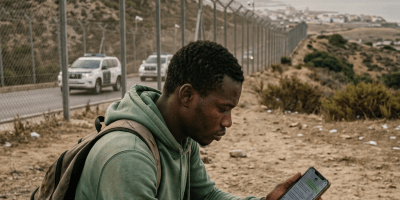 Traveler using a smartphone beside a barbed-wire border fence