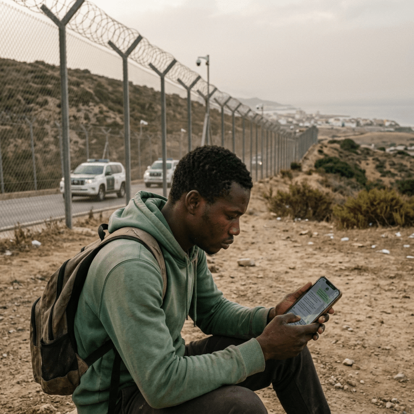 Traveler using a smartphone beside a barbed-wire border fence