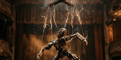 Weathered marionette suspended by strings beneath a wooden crossbar