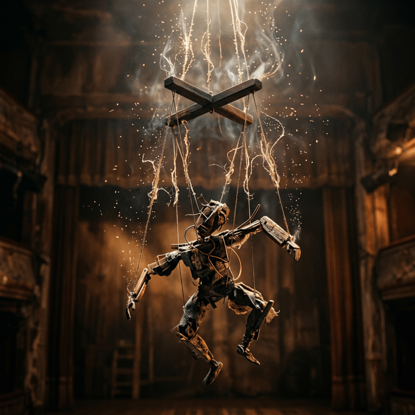 Weathered marionette suspended by strings beneath a wooden crossbar