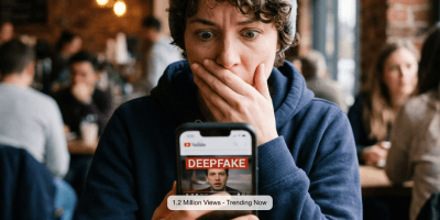 Person covering mouth while viewing a phone labeled “DEEPFAKE”