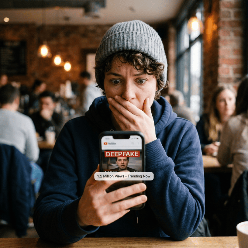 Person covering mouth while viewing a phone labeled “DEEPFAKE”