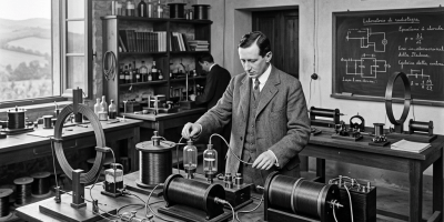 Scientist operating coils in radiotelegraphy laboratory; sign reads “R. LABORATORIO DI RADIOTELEGRAFIA VILLA GRIFFONE - 1905 -”