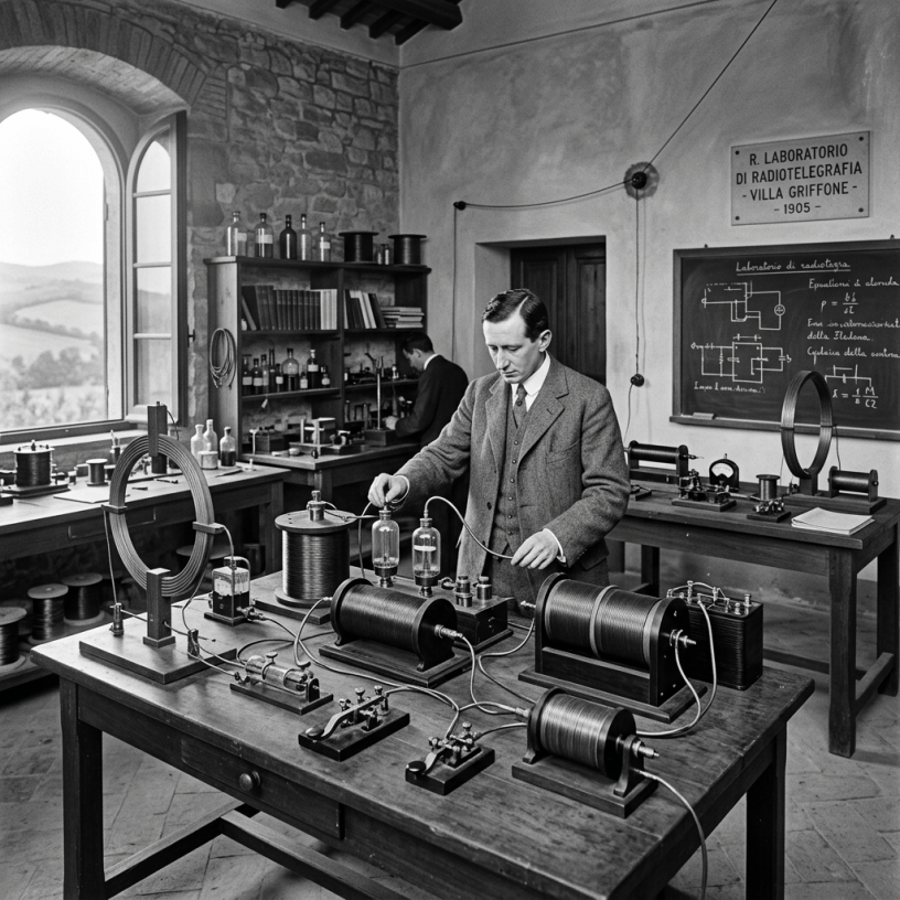 Scientist operating coils in radiotelegraphy laboratory; sign reads “R. LABORATORIO DI RADIOTELEGRAFIA VILLA GRIFFONE - 1905 -”
