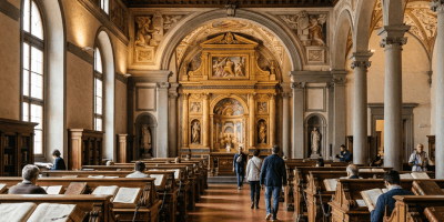 Visitors reading in an ornate historic library with a gilded altar
