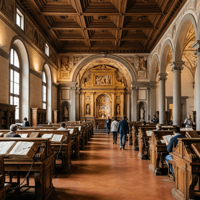 Visitors reading in an ornate historic library with a gilded altar
