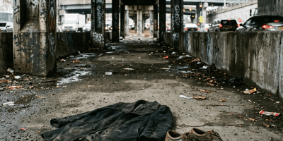 Worn coat and battered shoes on littered pavement beneath an urban overpass
