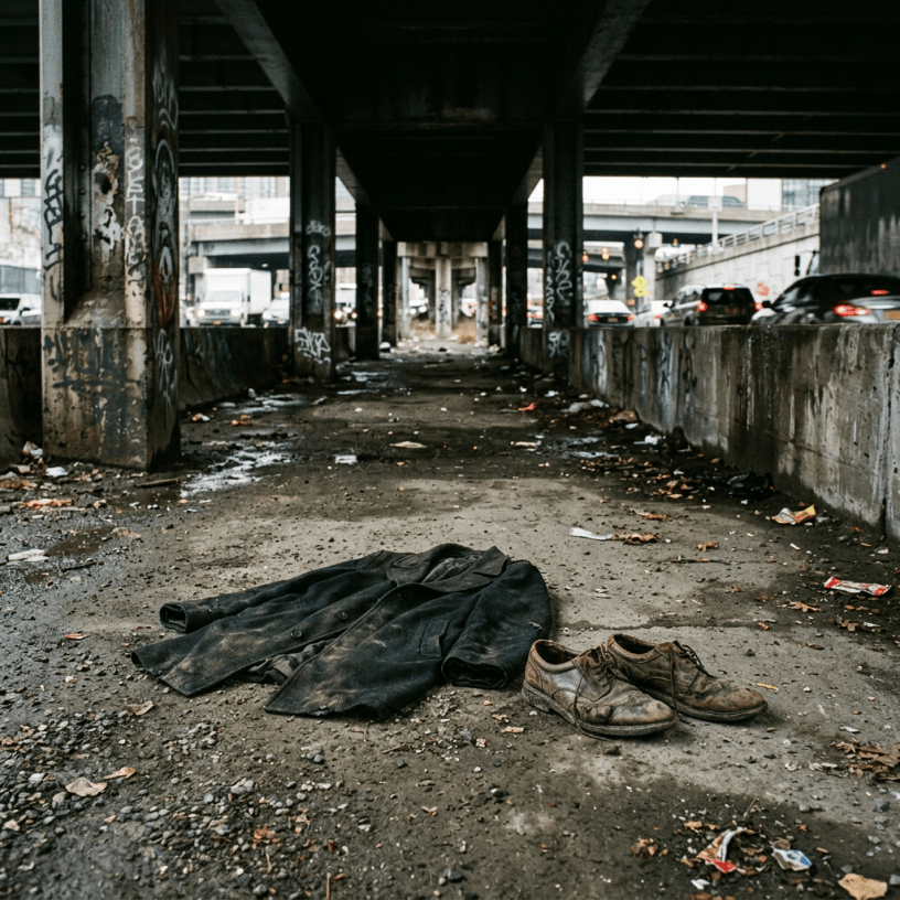 Worn coat and battered shoes on littered pavement beneath an urban overpass