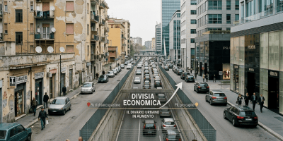Divided city street contrasting aging apartments with modern skyscrapers and economic inequality text