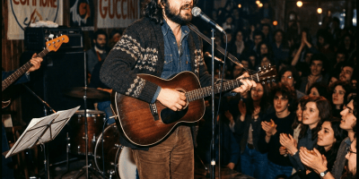 Singer playing acoustic guitar and singing into microphone before applauding audience