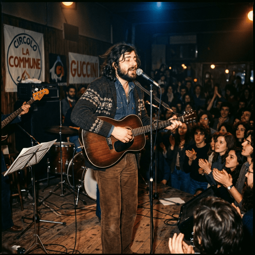 Singer playing acoustic guitar and singing into microphone before applauding audience