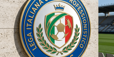 Italian Serie C football league emblem mounted on a stadium wall