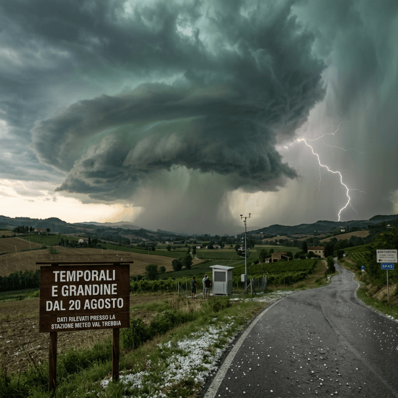 Storm clouds and lightning over farmland; sign reads “TEMPORALI E GRANDINE DAL 20 AGOSTO” and “DATI RILEVATI PRESSO LA STAZIONE METEO VAL TREBBIA.”