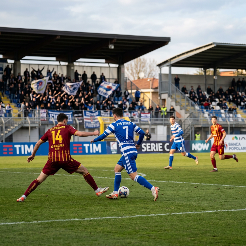 Pro Patria player dribbling past AC Reggiana defender during soccer match