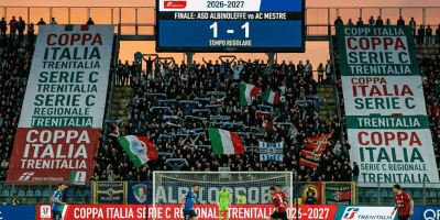 Football match with scoreboard reading Coppa Italia Serie C Regionale, final ASD AlbinoLeffe versus AC Mestre, 1–1