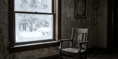 Worn wooden chair beside a frost-covered window in an abandoned room