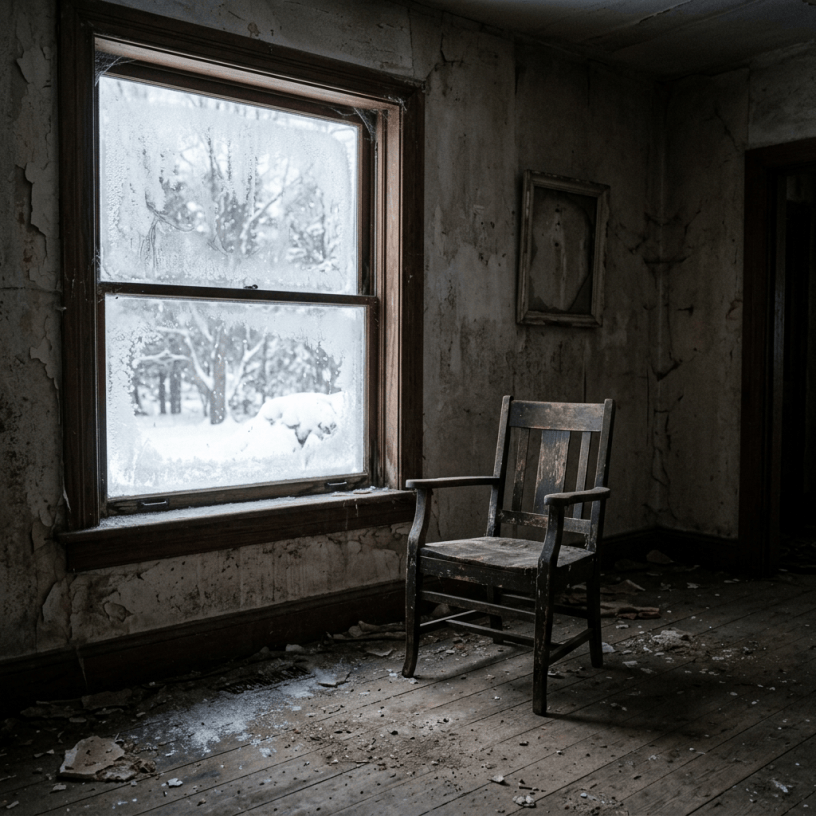 Worn wooden chair beside a frost-covered window in an abandoned room
