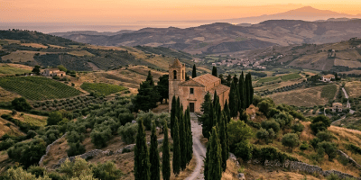 Stone chapel along a cypress-lined path in rolling Tuscan countryside