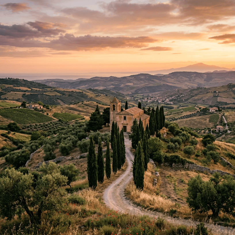 Stone chapel along a cypress-lined path in rolling Tuscan countryside