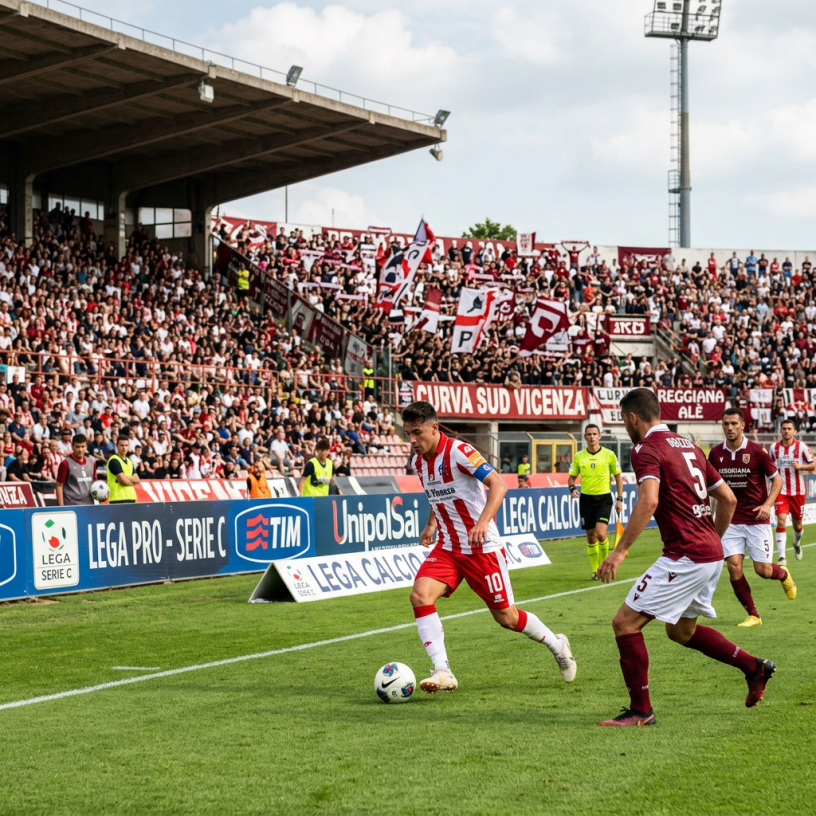 Vicenza player dribbling past Reggiana defenders during a crowded football match