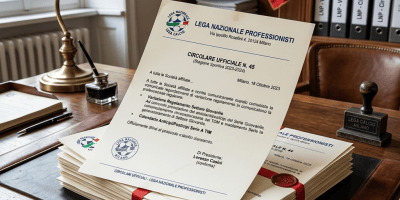 Italian football circular No. 45 on stacked documents beside an Italian flag