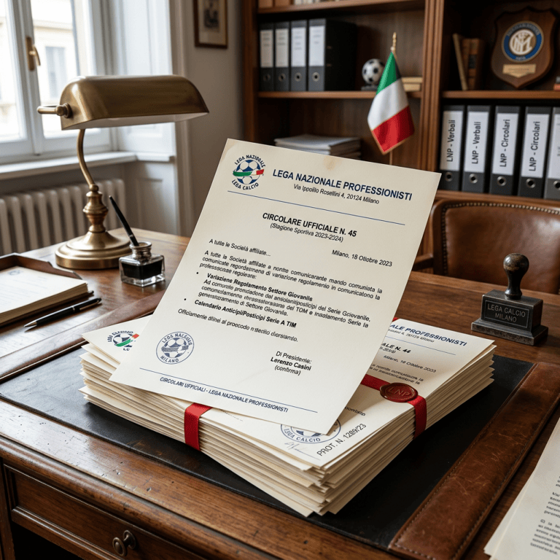 Italian football circular No. 45 on stacked documents beside an Italian flag