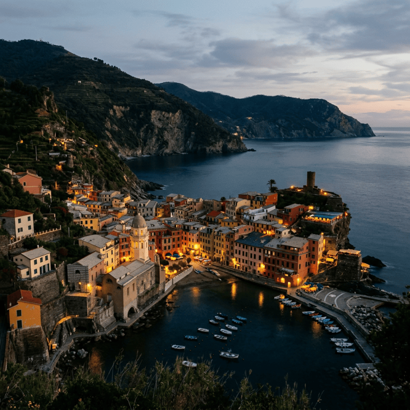 Vernazza village and harbor beneath steep coastal cliffs at dusk
