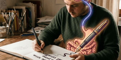 Person writing in notebook with glowing brain and digestive system illustration; handwritten text is partially illegible