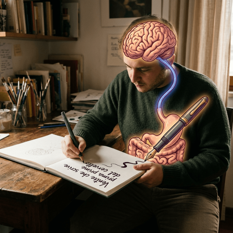 Person writing in notebook with glowing brain and digestive system illustration; handwritten text is partially illegible