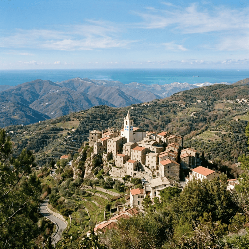 Stone hilltop village with church, terraced hills, and distant mountains