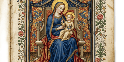Illuminated manuscript page showing Mary and Christ Child with text “ARIA VIRGINE CON GESÙ BAMBINO” and “O Beata María, Dei Genitrix…”