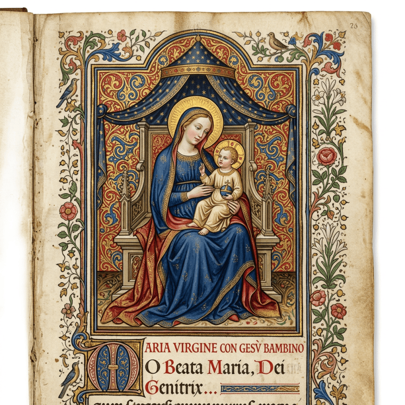 Illuminated manuscript page showing Mary and Christ Child with text “ARIA VIRGINE CON GESÙ BAMBINO” and “O Beata María, Dei Genitrix…”