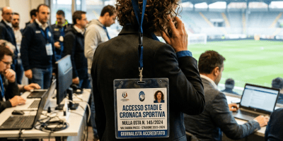 Journalist wearing badge reading “ACCESSO STADI E CRONACA SPORTIVA,” “NULLA OSTA N. 145/2024,” “VALSABBIA PRESS - STAGIONE 2023-2024,” and “GIORNALISTA ACCREDITATO”