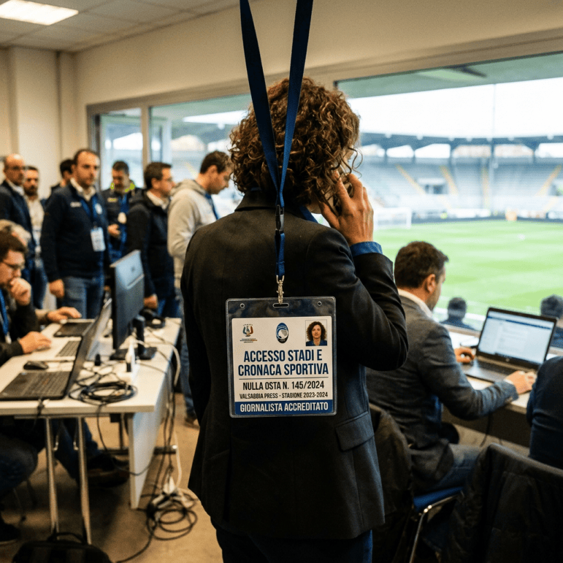 Journalist wearing badge reading “ACCESSO STADI E CRONACA SPORTIVA,” “NULLA OSTA N. 145/2024,” “VALSABBIA PRESS - STAGIONE 2023-2024,” and “GIORNALISTA ACCREDITATO”