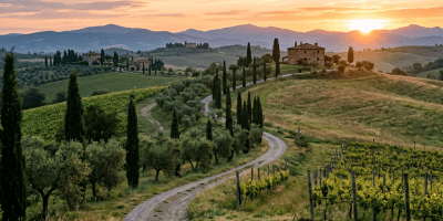 Winding road through Tuscan vineyards and cypress-lined hills at sunset