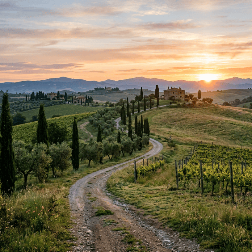 Winding road through Tuscan vineyards and cypress-lined hills at sunset