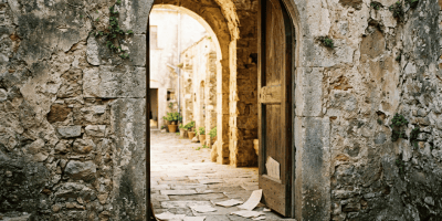 Open wooden door in a weathered stone archway with papers scattered outside