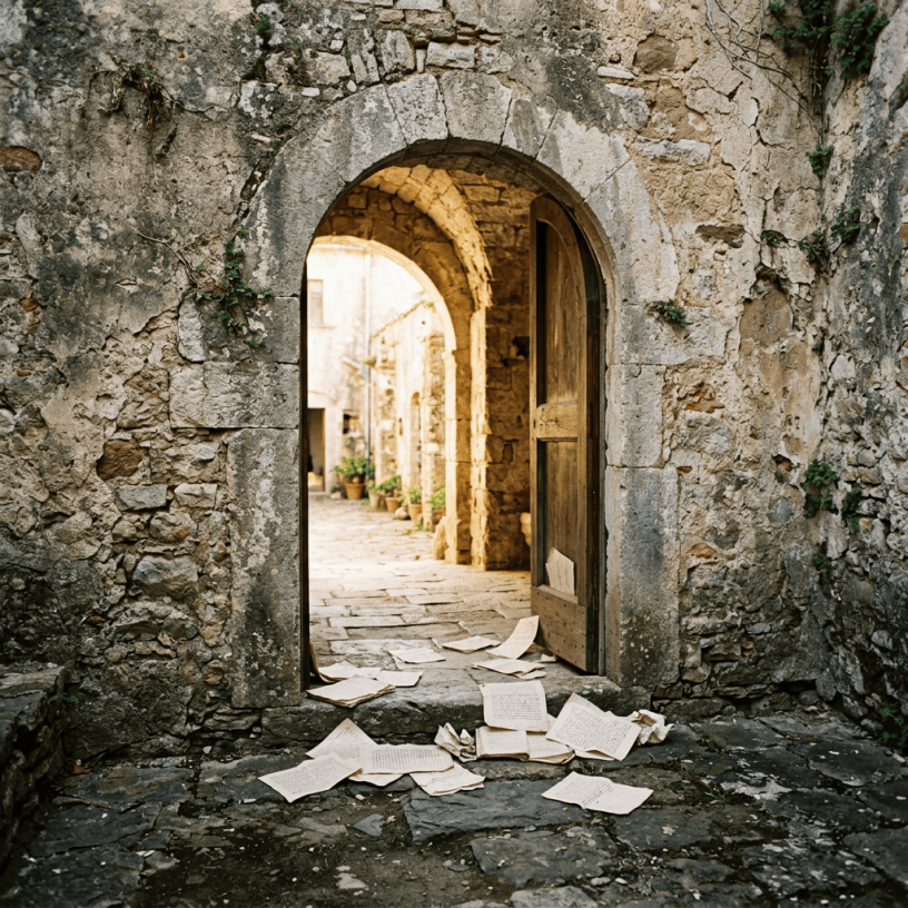 Open wooden door in a weathered stone archway with papers scattered outside