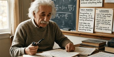 Older scholar studying equations beside a chalkboard and motivational notes