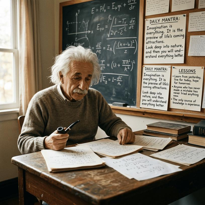 Older scholar studying equations beside a chalkboard and motivational notes