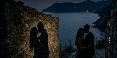 Couple embracing on a stone path beneath a red moon overlooking the sea