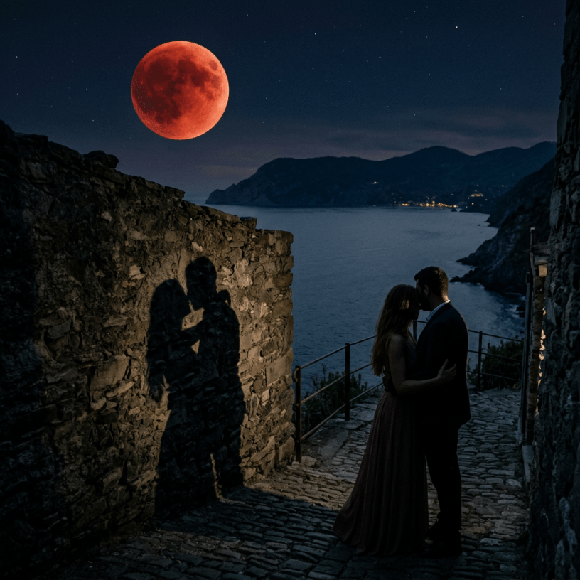Couple embracing on a stone path beneath a red moon overlooking the sea