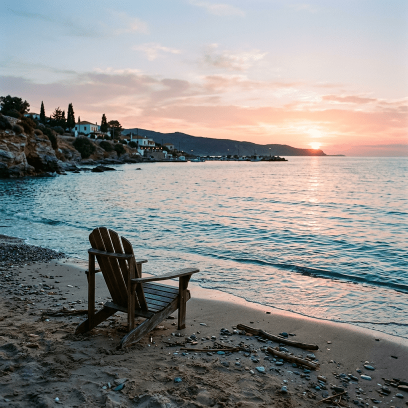 Wooden chair on a pebbly beach facing a sunset over calm sea