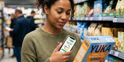 Shopper compares Yuka cereal rating while holding an organic oat cereal box