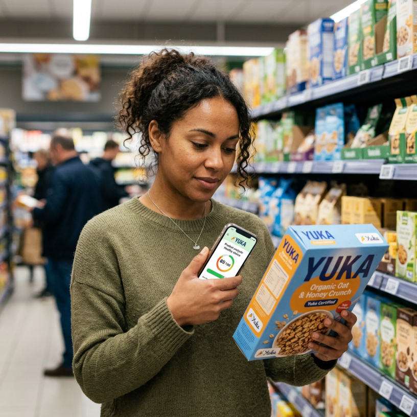 Shopper compares Yuka cereal rating while holding an organic oat cereal box