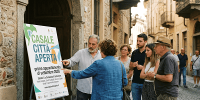 People viewing a poster reading “CASALE CITTÀ APERTA,” “primo appuntamento di settembre 2026,” and “Sabato 5 e Domenica 6 Settembre.”