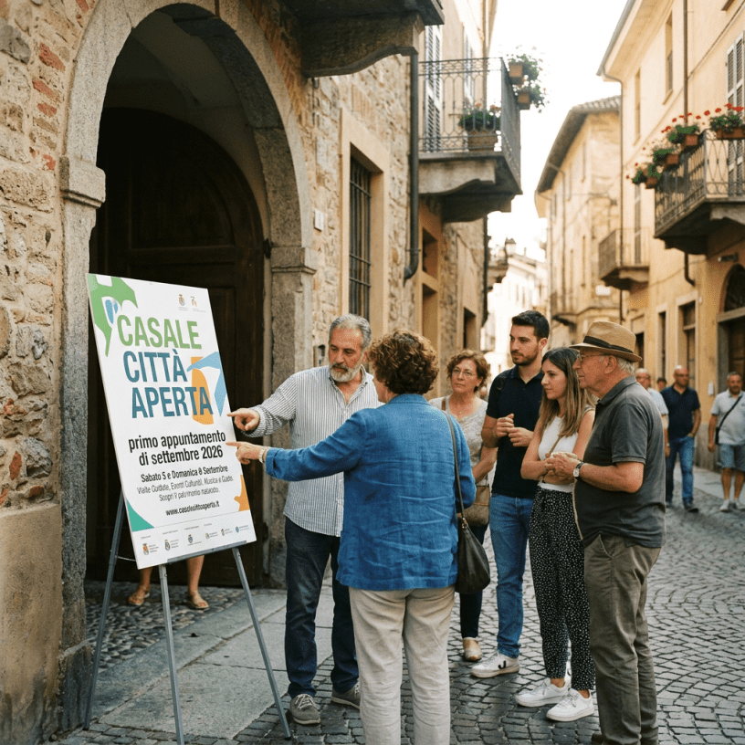 People viewing a poster reading “CASALE CITTÀ APERTA,” “primo appuntamento di settembre 2026,” and “Sabato 5 e Domenica 6 Settembre.”