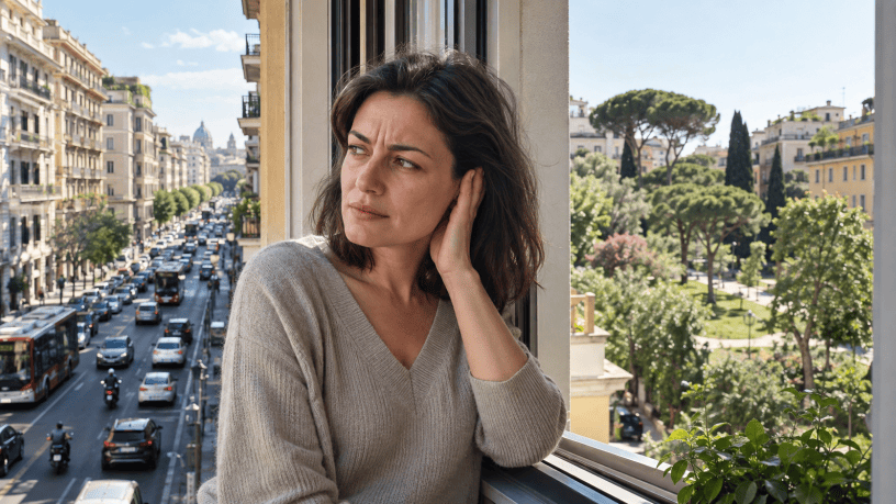 Donna affacciata a una finestra tra una strada congestionata dal traffico e un tranquillo quartiere verde.