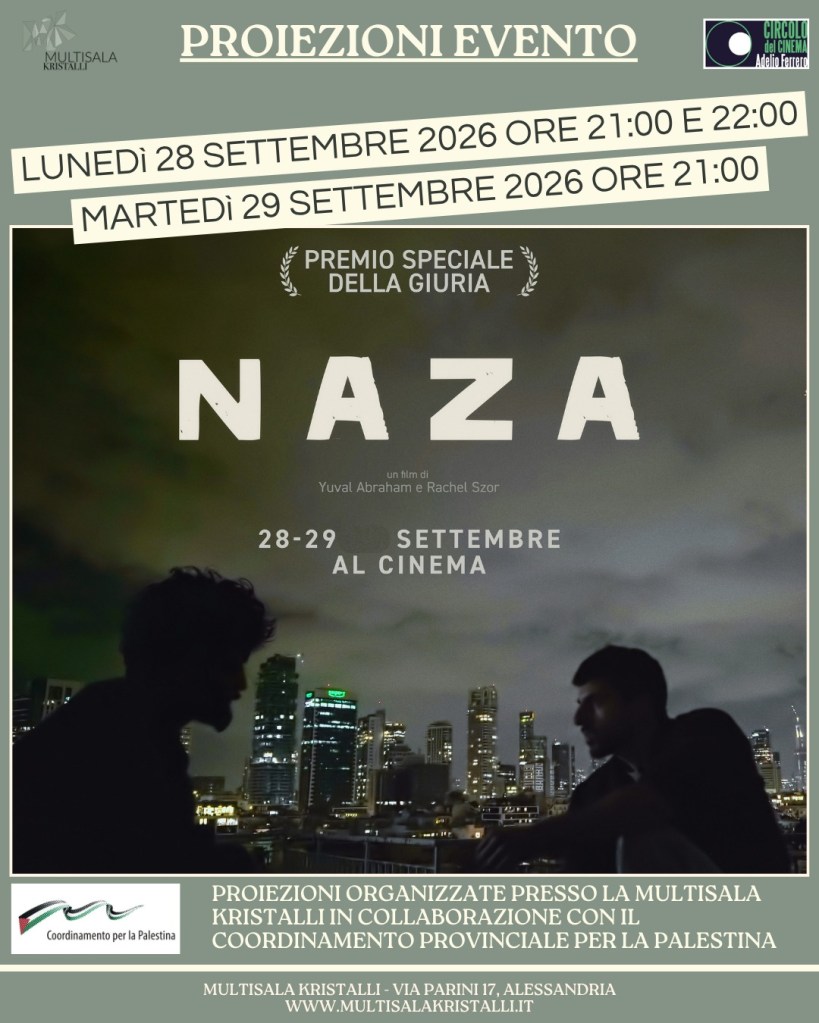 Promotional poster for a film screening event titled 'NAZA', featuring details about the dates and times: September 28 and 29, 2026 at Multisala Kristalli.