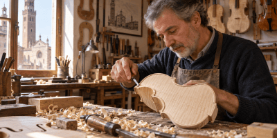 Maestro liutaio al lavoro nella sua bottega di Cremona mentre rifinisce a mano la cassa armonica di un violino.